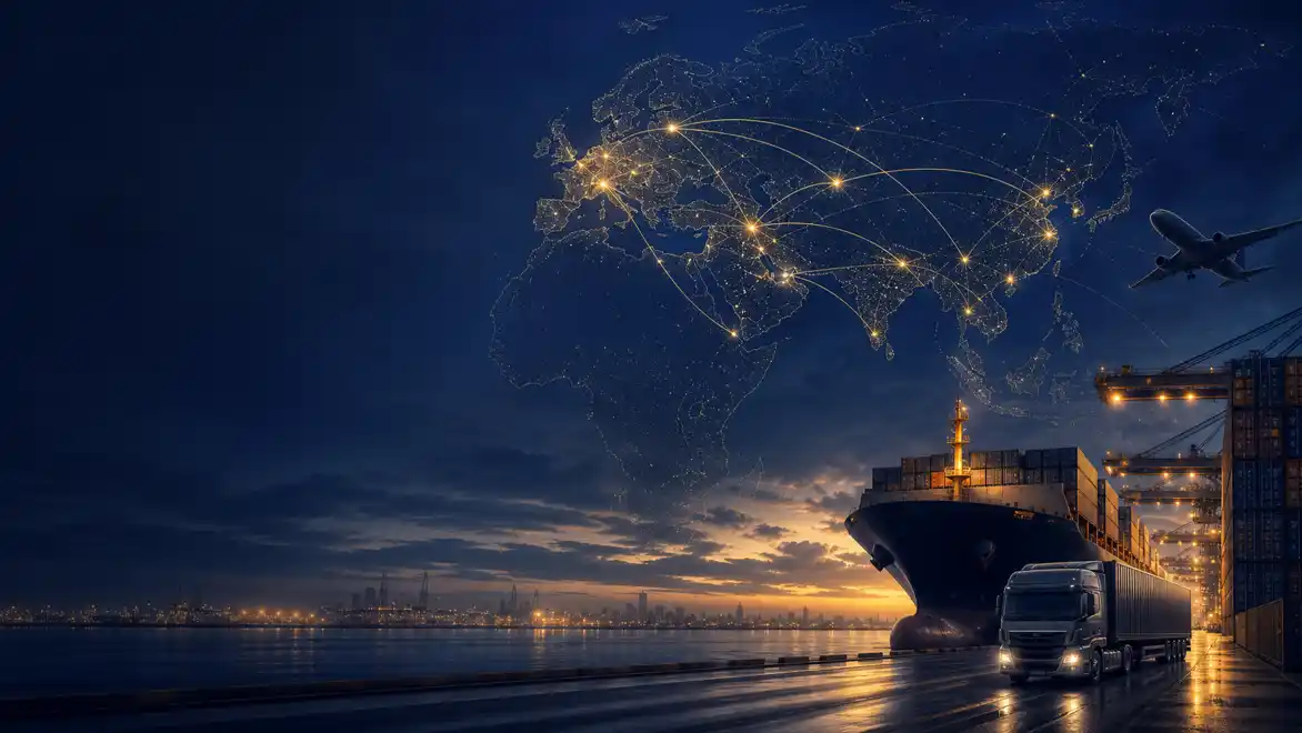 Cargo ship, containers, truck and air freight routes